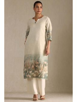 Soch - Womens Off White Linen Floral Print Kurta with Beads and Stones