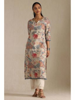 Soch - Womens Beige Linen Floral Print Kurta with Beads and Stones