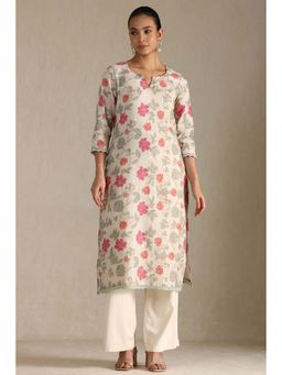 Soch - Womens Off White Linen Floral Print Kurta with Beads and Stones