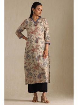 Soch - Womens Beige Linen Botanical Print Kurta with Tassels