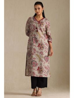 Soch - Womens Grey Linen Floral Print Kurta