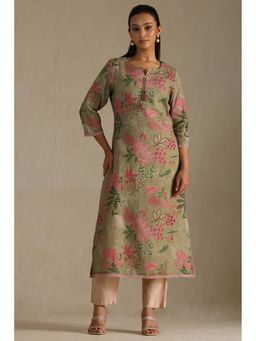 Soch - Womens Sap Green Linen Botanical Print Kurta