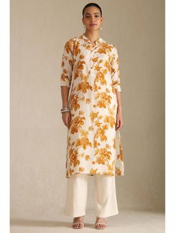 Soch - Womens Mustard Muslin Floral Print Kurta with Sequins