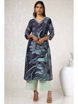 Soch - Womens Charcoal Muslin Blend Floral Print Kurta with Mirror and Cutdana