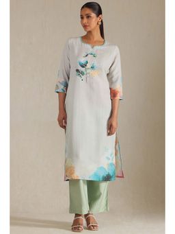 Soch - Womens Powder Blue Rayon Floral Print Kurta with Beads