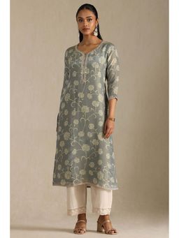 Soch - Womens Grey Tissue Foil Print Kurta with Mirror Work
