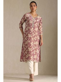 Soch - Womens Onion Pink Tissue Floral Print Kurta with Mirror Work