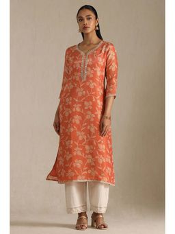 Soch - Womens Rust Tissue Floral Print Kurta with Mirror and Pearl