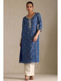 Soch - Womens Blue Tissue Bandhani Print Kurta with Mirror
