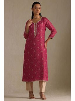 Soch - Womens Fuchsia Tissue Bandhani Print Kurta with Mirror Work