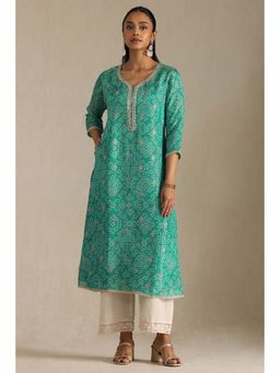 Soch - Womens Turquoise Blue Tissue Bandhani Print Kurta with Mirror Work