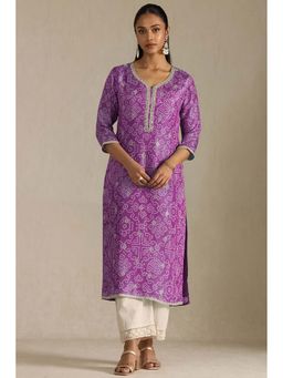 Soch - Womens Purple Tissue Bandhani Print Kurta with Mirror Work