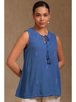 Soch - Womens Blue Rayon Crepe Embroidered Tunic with Thread Work