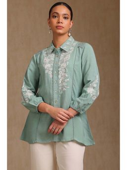 Soch - Womens Teal Rayon Slub Embroidered Tunic with Sequins