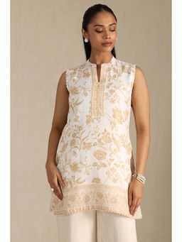 Soch - Womens Off White Linen Floral Print Kurti with Unstitched Sleeves (Set of 2)