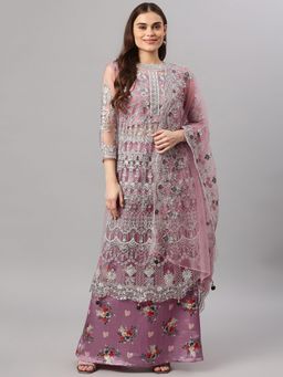 Readiprint - Semi-Stitched Anarkali Net Mauve Kurta with Bottom & Dupatta (Set of 3)