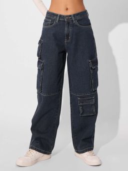 The Souled Store - Solids Mid Blue Baggy Fit Womens Cargo Jeans