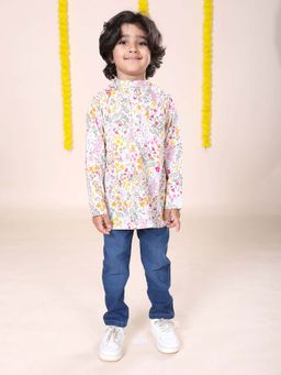KiddoPanti - Boys Rayon Floral Printed Short Kurta with Regular Fit Jeans