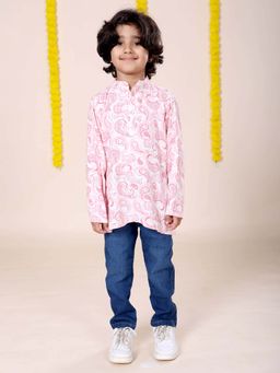 KiddoPanti - Boys Rayon Paisley Printed Short Kurta with Regular Fit Jeans
