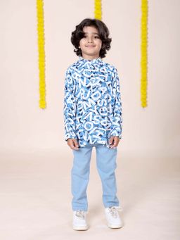 KiddoPanti - Boys Rayon Typographic Printed Short Kurta with Regular Fit Jeans