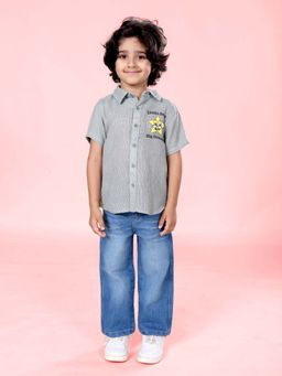 KiddoPanti - Boys Star Puff Printed Shirt with Straight Fit Jeans Grey