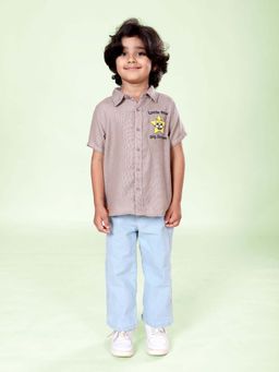 KiddoPanti - Boys Star Puff Printed Shirt with Straight Fit Jeans Beige