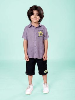 KiddoPanti - Boys Star Puff Printed Shirt With New Massages Badge Cargo Shorts