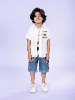 KiddoPanti - Boys Star Puff Printed Shirt Beach Theme Printed T-Shirt With Cargo Shorts