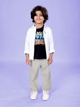 KiddoPanti - Boys Solid Shirt with Skate Time New York Printed T-Shirt and Chinos Pant