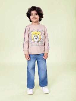 KiddoPanti - Boys Knit Tiger Roar Printed T-Shirt with Straight Fit Jeans Beige