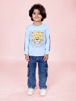 KiddoPanti - Boys Knit Tiger Roar Printed T-Shirt With Solid Cargo Pant Blue