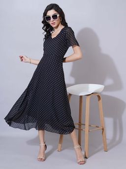 Curvydrobe - Women Black Polka Dot Print A Line Dress