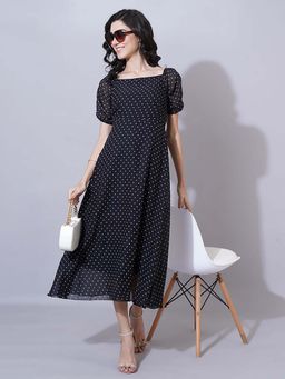 Curvydrobe - Women Black Polka Dot Print Fit And Flare A Line Dress