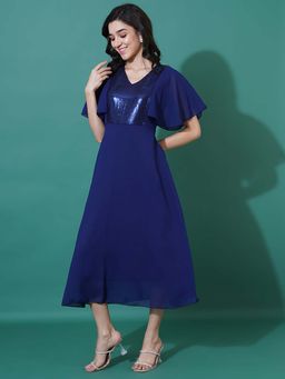 Curvydrobe - Women Solid Navy Sequined A Line Dress