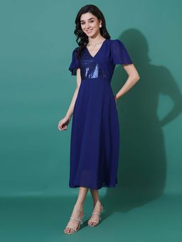 Curvydrobe - Women Solid Navy Sequined Fit And Flare Dress