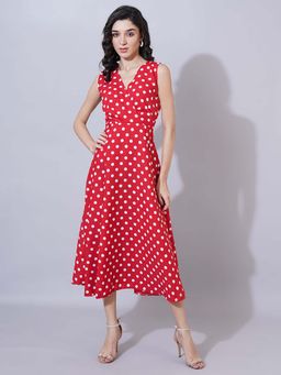 Curvydrobe - Red Polka Sleeve Less A Line Dress