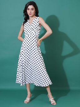 Curvydrobe - White Polka Sleeve Less A Line Dress