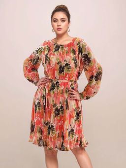 Zink London - Womens Multi-Coloured Floral Prints Long Sleeves Dress with Belt