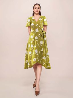 Zink London - Womens Green Floral Prints Short Sleeves Dress
