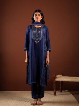 DEVRI - Navy Blue Midnight Glow Silk Kurta with Pant and Dupatta