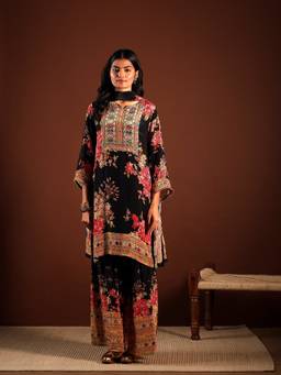 DEVRI - Black Ebony Charm Crepe Kurta with Palazzo and Dupatta