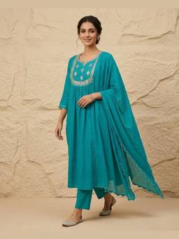 DEVRI - Blue Emerald Glow Mul Kurta with Pant and Dupatta