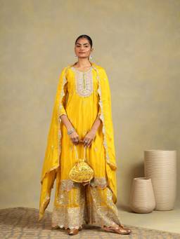 DEVRI - Yellow Sunshine Glow Chinon Kurta with Palazzo and Dupatta