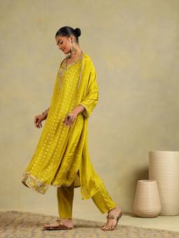 DEVRI - Yellow Sun Glow Chinon Kurta with Pant and Dupatta