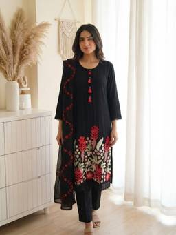DEVRI - Black Muslin Stiched Embroidered Kurta with Pant and Dupatta
