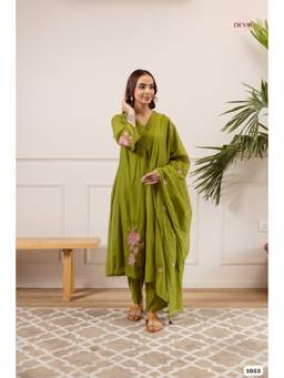DEVRI - Green Floral Mul Cotton Kurta with Pant and Dupatta