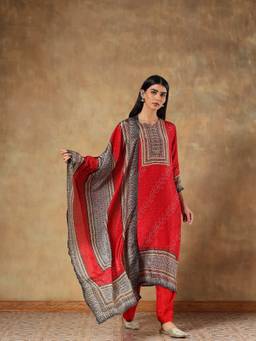 DEVRI - Red Suhani Natural Crepe Kurta with Palazzo and Dupatta