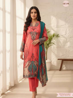 DEVRI - Coral Ruhani Crepe Silk Kurta with Palazzo and Dupatta