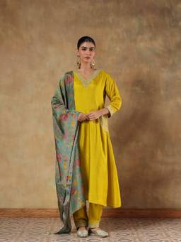 DEVRI - Mustard Ira Shimmer Silk Anarkali with Pant and Dupatta