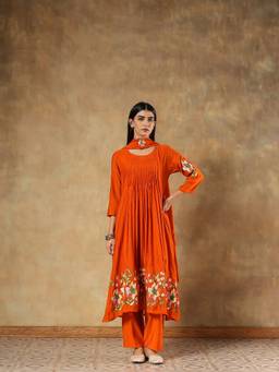 DEVRI - Orange Reha Silk Embroidered Anarkali with Pant and Dupatta